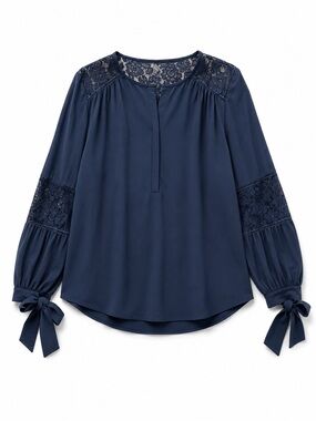 Rebecca Taylor Navy Lace-Trim Tie Cuff Blouse